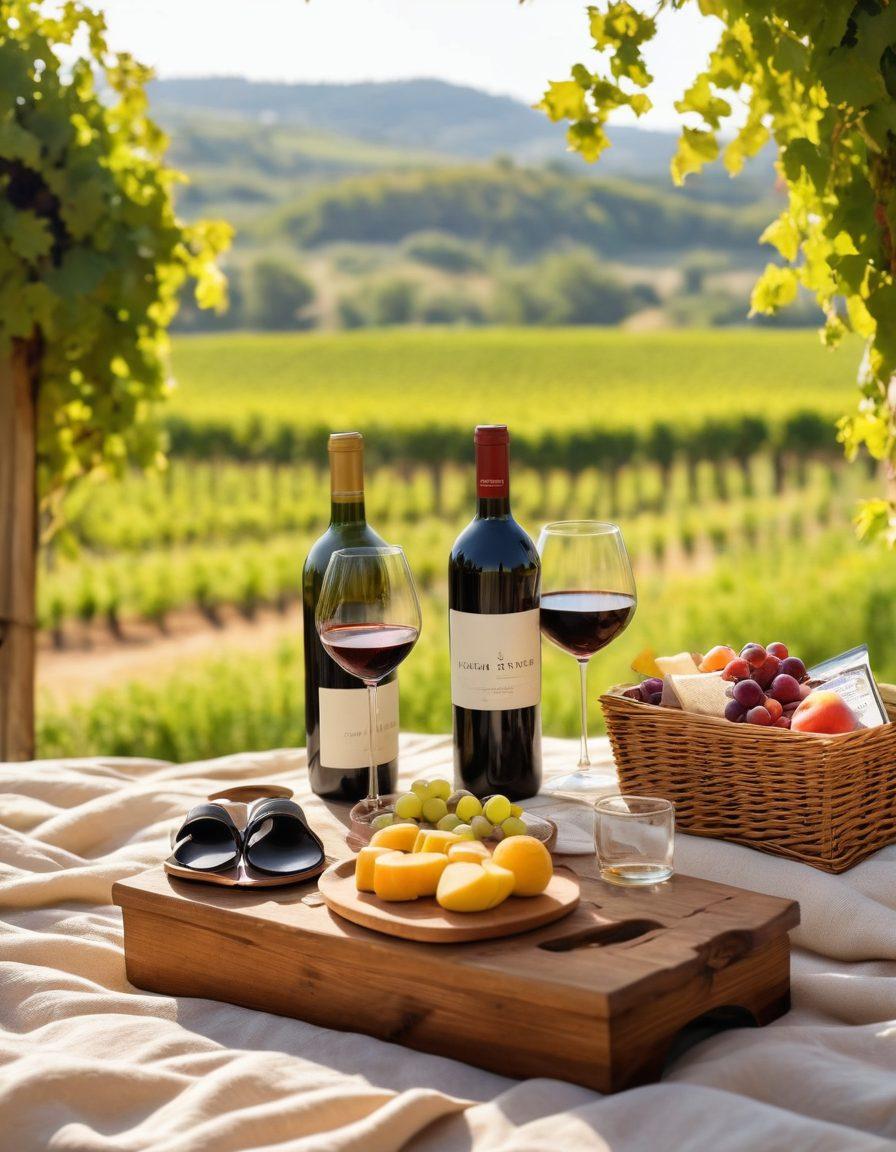 A cozy outdoor wine tasting scene featuring a stylish picnic setup, with a rustic wooden table adorned with wine glasses and a variety of wines. In the foreground, a pair of fashionable arch support footwear rests comfortably beside a picnic blanket, showcasing the blend of comfort and style. The background features rolling vineyards bathed in golden sunlight, hinting at a perfect day for wine tasting. super-realistic. vibrant colors. soft focus.