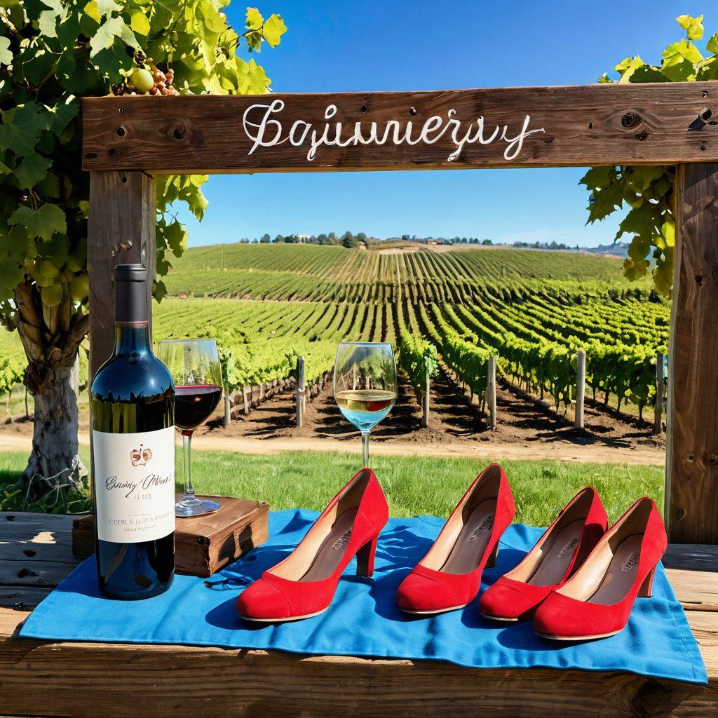 A scenic vineyard landscape with rows of grapevines under a bright blue sky, showcasing a stylish pair of shoes elegantly placed in the foreground. Nearby, a cheerful group of friends clink their wine glasses, embodying joy and freedom. Warm sunlight bathes the scene, highlighting the shoes' design. Include a rustic wooden sign with 'Winery' in charming lettering. vibrant colors. super-realistic.